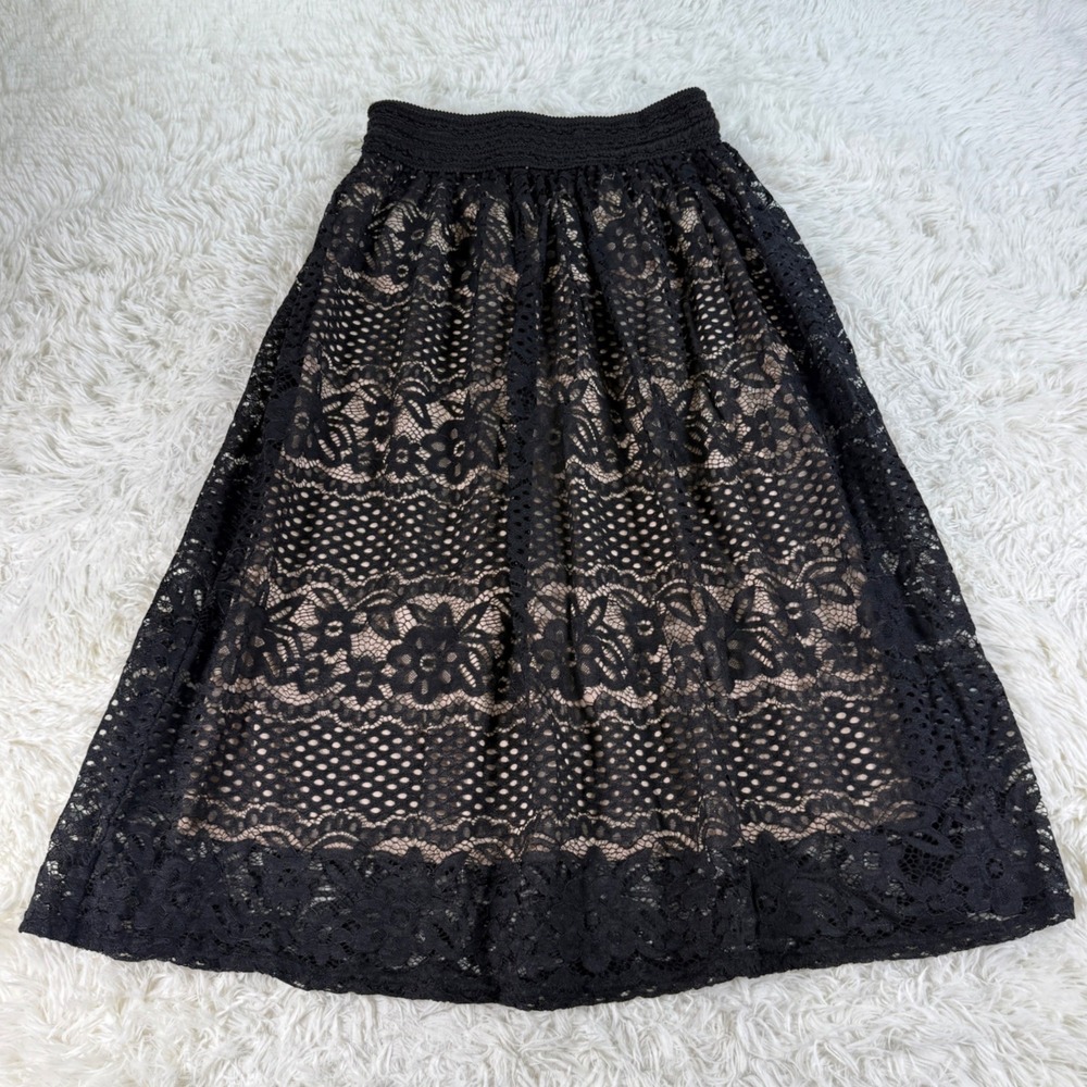 MetroWear Black Floral Lace Midi Skirt Lined Boho Festival Medium Whimsigoth